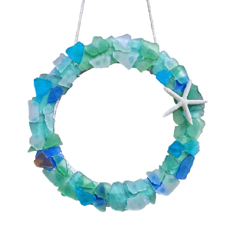 

Farmhouse Coastal Decors Handmade Sea Glass Wreath With Starfishes For Wall Or Front Door Display Wedding Parties Gift S