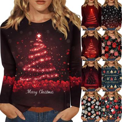 Women's Fashion Casual Christmas Printed Round Neck Long Sleeve Pullover Top