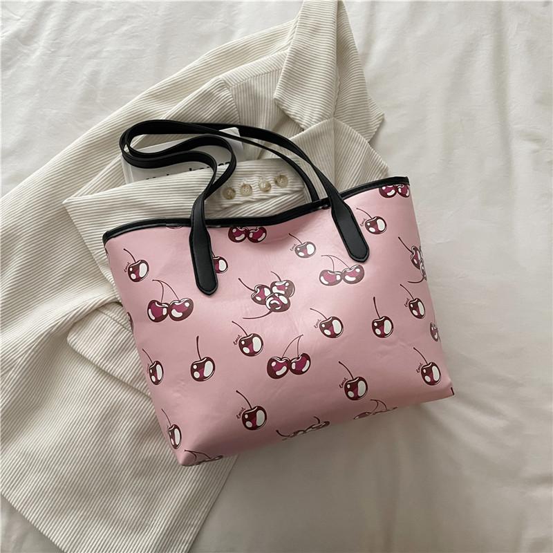 Cherry Print Large Capacity Tote Bag Fashionable Soft Faux Leather Shoulder Handbag for Women