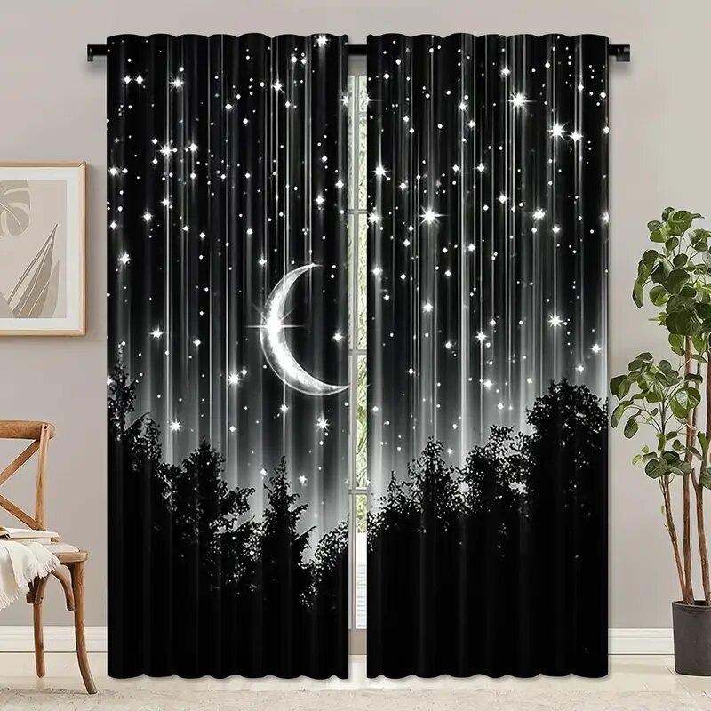2pcs -The night in the forest, the moon print curtains, pole bag curtains, home decoration, room decoration