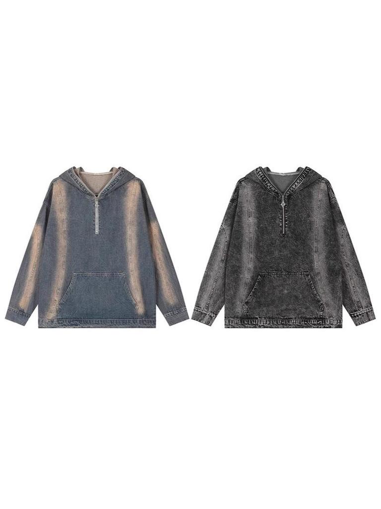 Unisex Retro Distressed Denim Hoodie Jacket - Spring/Autumn Loose Fit