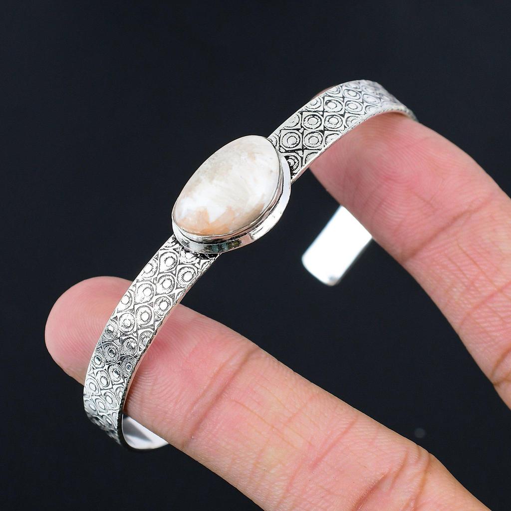 Wedding Gift For Her 925 Silver Natural Scolecite Gemstone Bangle Adjustable