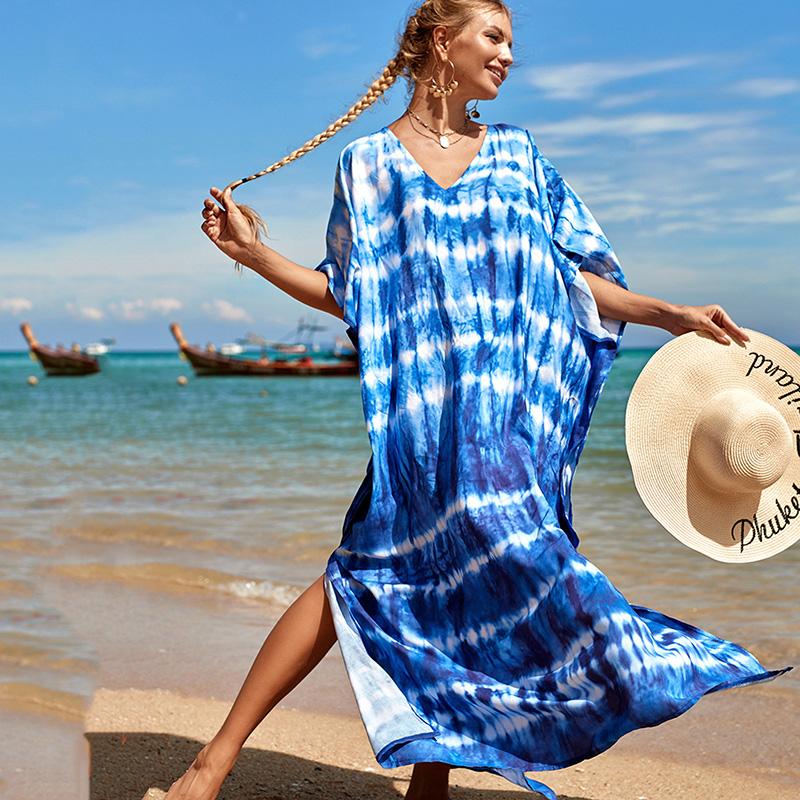 Kaftan Strandkleid Rayon Damen Boho Bunt Bedruckt Plus Size Maxi Sommer Badeanzug Cover Up