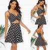 Women Fashion Dress Wrinkled Waist Strap Short Skirt Summer Sling Dot Point Print Dress Suits