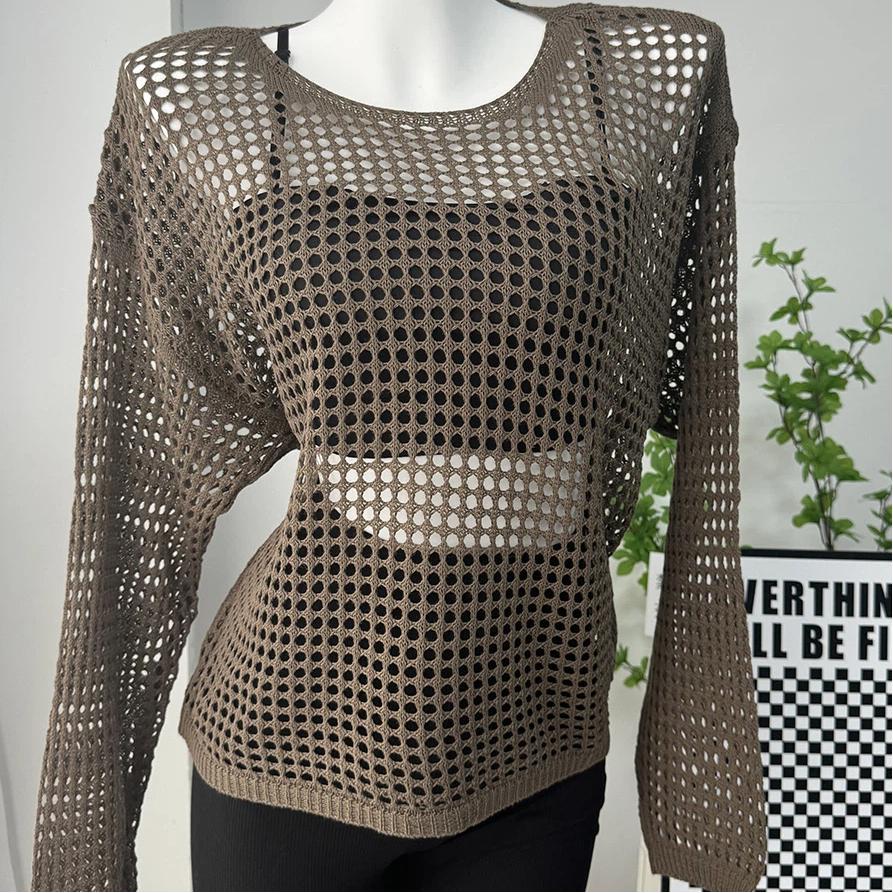 Maglia Lavorata a Maglia da Donna Estiva Svuotata Larga a Maniche Lunghe T-shirt