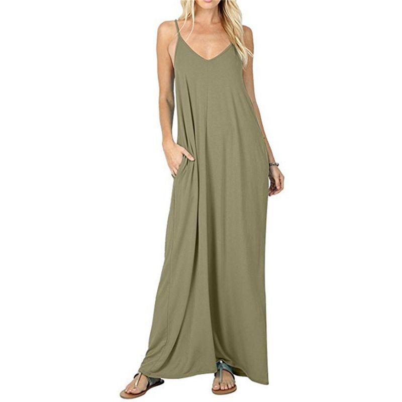 Women's Solid Color Loose Pocket Long Skirt Pure Color Loose Pockets Long Dress