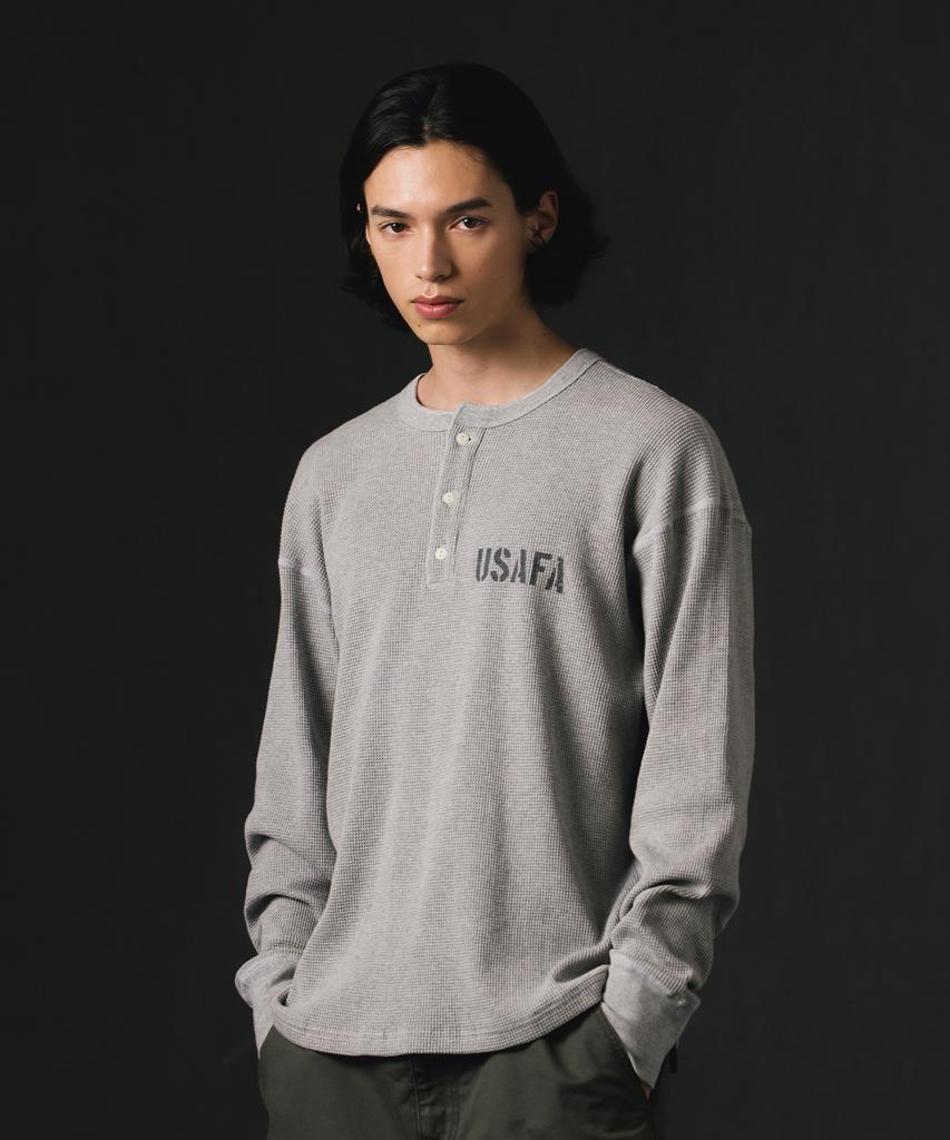 DISCUS ATHLETIC Usafa Logo Waffle Henley Neck Long Sleeve T-Shirt Melange Grey