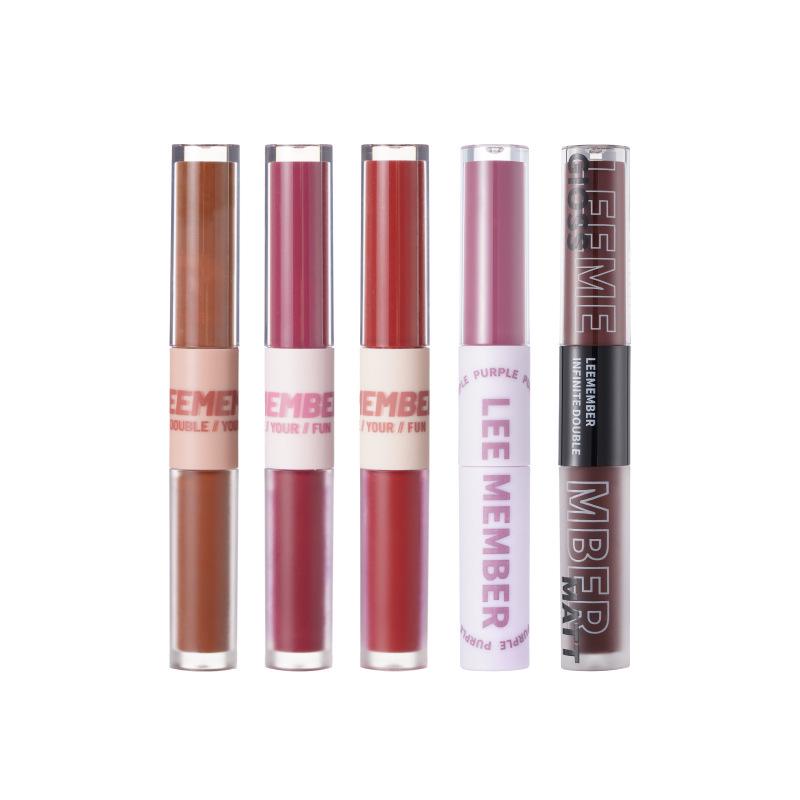 LEEMEMBER Limon Double-Ended Matte & Water Gloss Lip Set with Primer and Nude Lipstick.