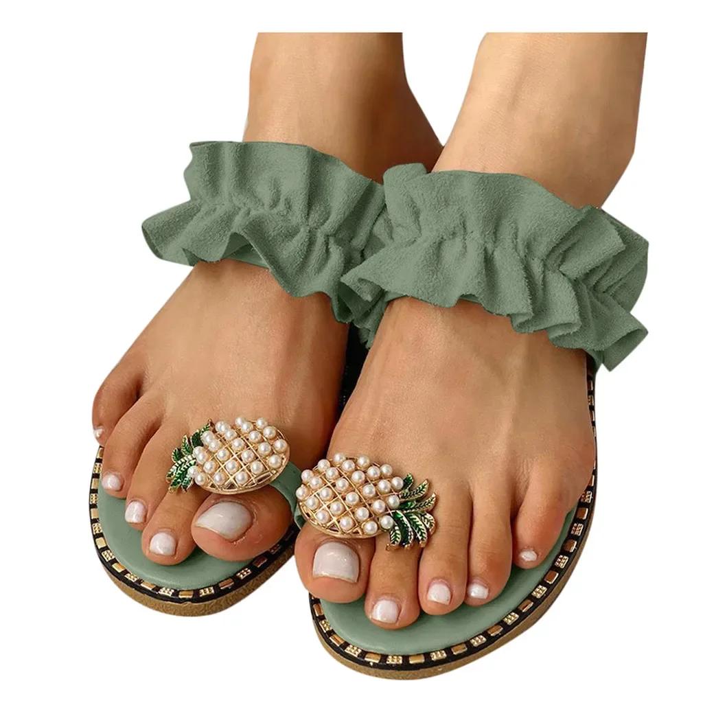 2025 Women Slipper Pineapple Pearl Flat Toe Bohemian Summer Beach Sandals Ladies Shoes plus size Mujer Verano