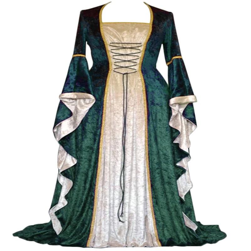 Abito Lungo in Velluto di Ispirazione Medievale Vintage con Maniche a Svasatura Vita Alta Gonna a Linea ad A Donna