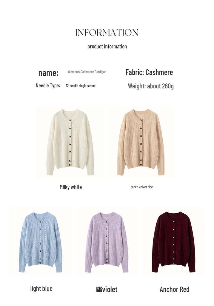 Women's Cashmere Cable-Knit Cardigan Sweater - Round Neck, Single-Breasted, Multi-Button, Loose Fit, Solid Color, Versatile Fall/Winter Style