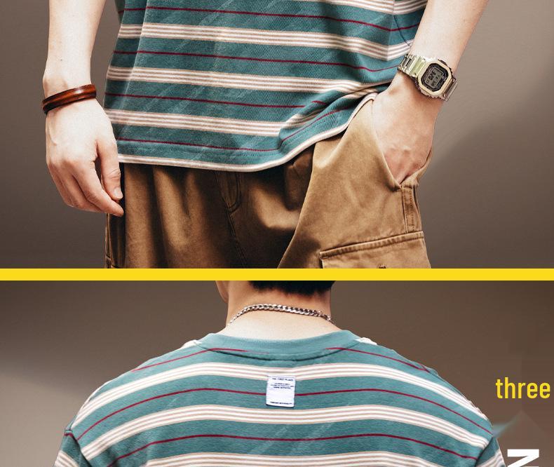 Herren Plus Size Farbblock Gestreiftes Kurzarm-T-Shirt - 260g Schwergewicht, Sommerlich Lässig Trendiges Halbarm-Tee