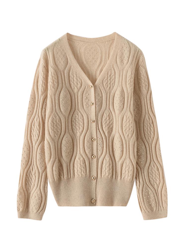2024 Autumn/Winter Slimming V-Neck Hollow Knit Cashmere Cardigan