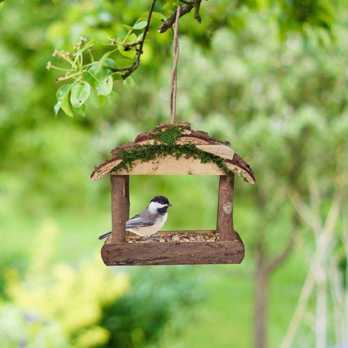 Relaxdays mangeoire pour oiseaux en bois, à suspendre, hlp 19 x 22 x 16,5 cm, jardin, distributeur de nourriture, nature
