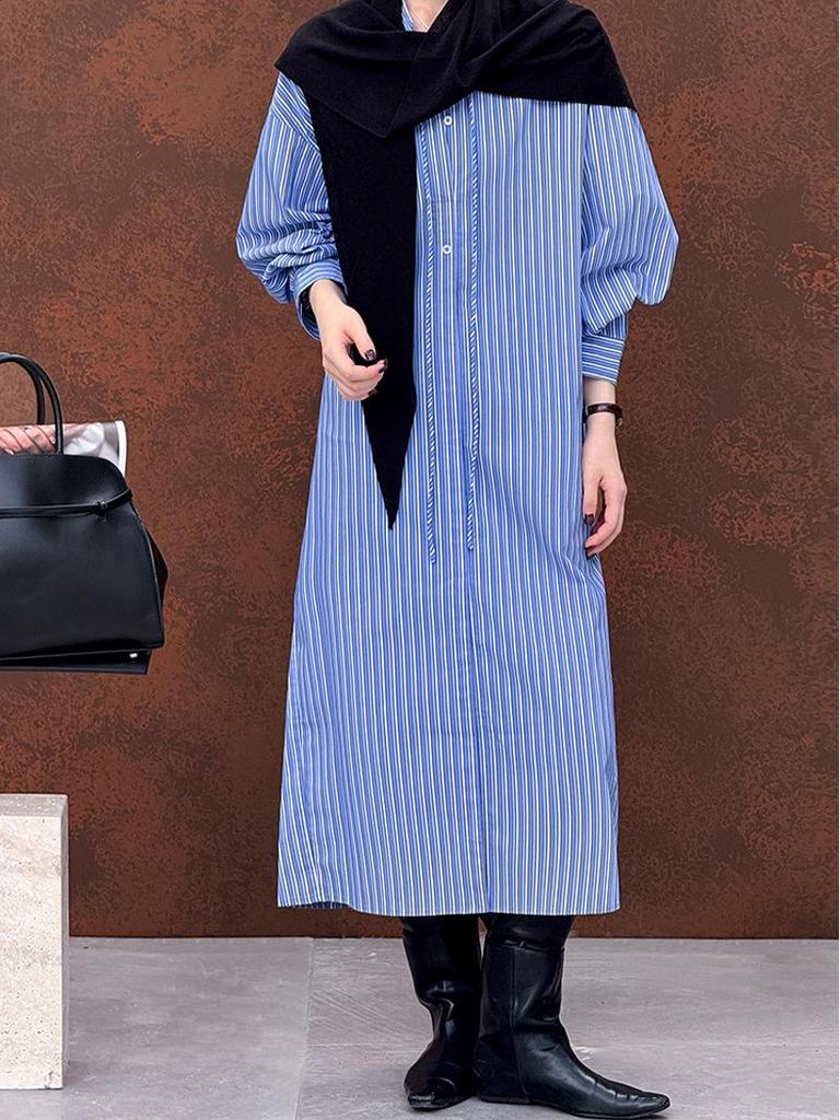 Ju Zhi Early Autumn Retro Dark Blue Striped Women's Long Sleeve Loose Casual Top