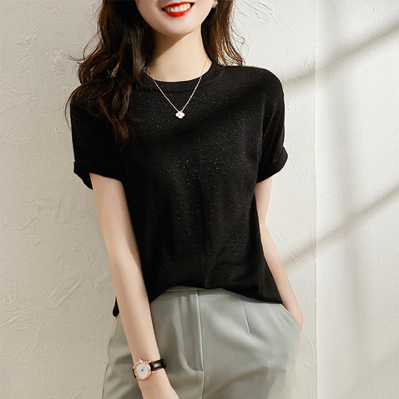 Summer Fashion New Short Sleeve Knitted Sweater Pullovers Women Tops O-Neck Blue Black Knitted Women Sweater Pullover  JJ39