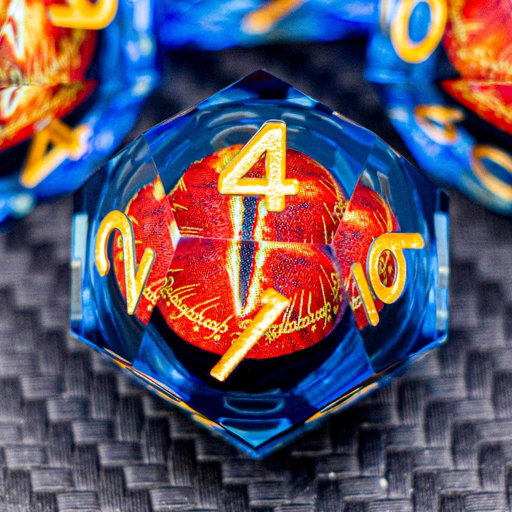 Runes DND Resin Dice Gazes Eye Dice Golden Blue Liquid Core Flaming RPG Sharp Edged Dice Set with Gift Box Polyhedral Compatible