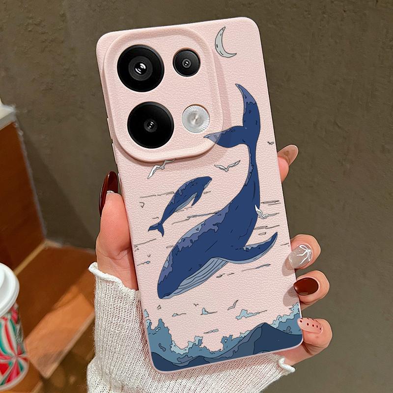 For Xiaomi 13T Pro Poco X7 X6 Redmi Note 14 13 12 11 Case Shell Whale Pattern TPU Leather Texture Matte Soft Shockproof Lens Protection Phone Cover