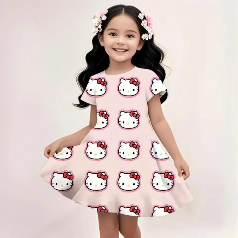 Sanrio New Summer Girls Dress Hello Kitty 3D Printed Fashionable Cartoon Cute Princess Girls Clothes Skirt