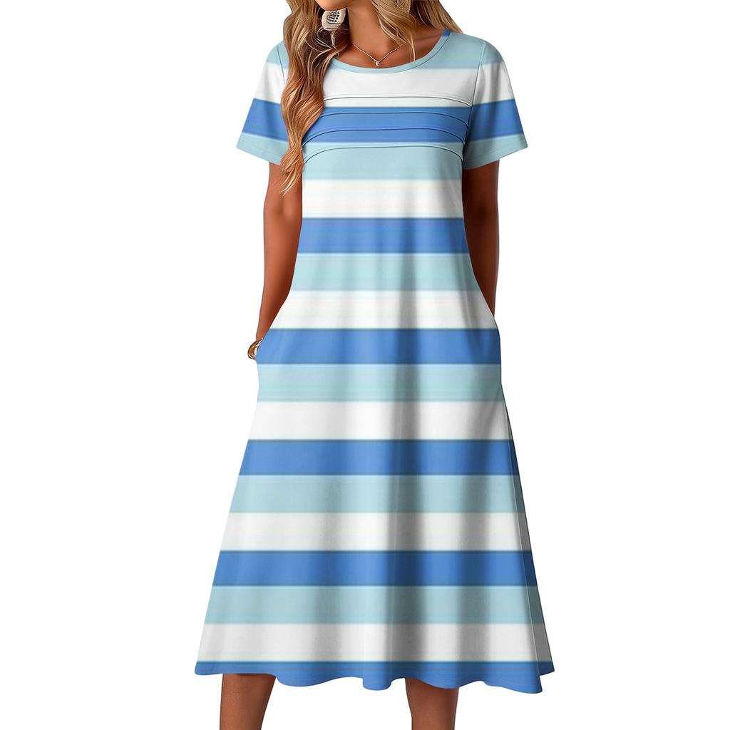 Ladies' Striped Printed Casual and Fashionable Short Sleeved Round Neck Dress