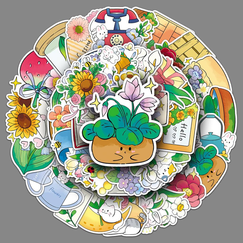 50 Flower Story Graffiti Stickers Cartoon Fresh Hand-drawn Flowers Decoration Mobile Notebook Stickers