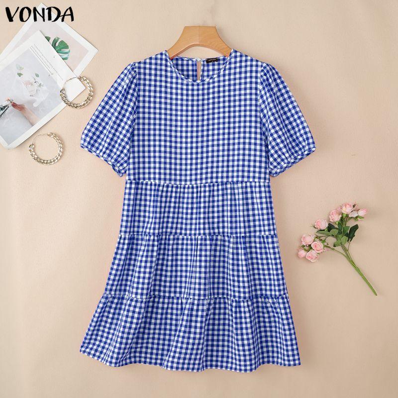 VONDA Women V Neck Puff Sleeve Plaid Print Ruffled Casual Loose Tunic Dress
