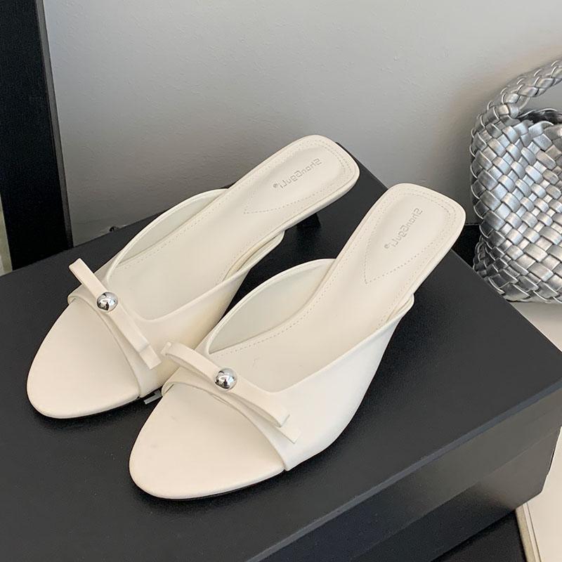 Fashion Fashion Metal Women Low Heel Slippers Slides Female Round Toe Footwear Butterfly-Knot Ladies Heeled Slippers Sandals Shoes Pumps