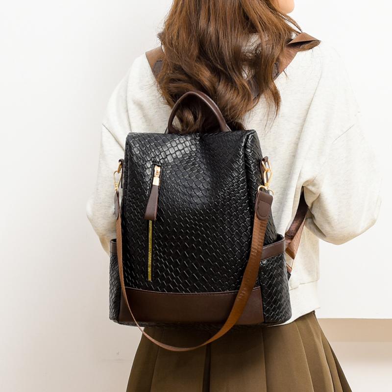 Мягкий кожаный тканый рюкзак Женский противоугонный рюкзак большой вместимости коричневый — фото 7