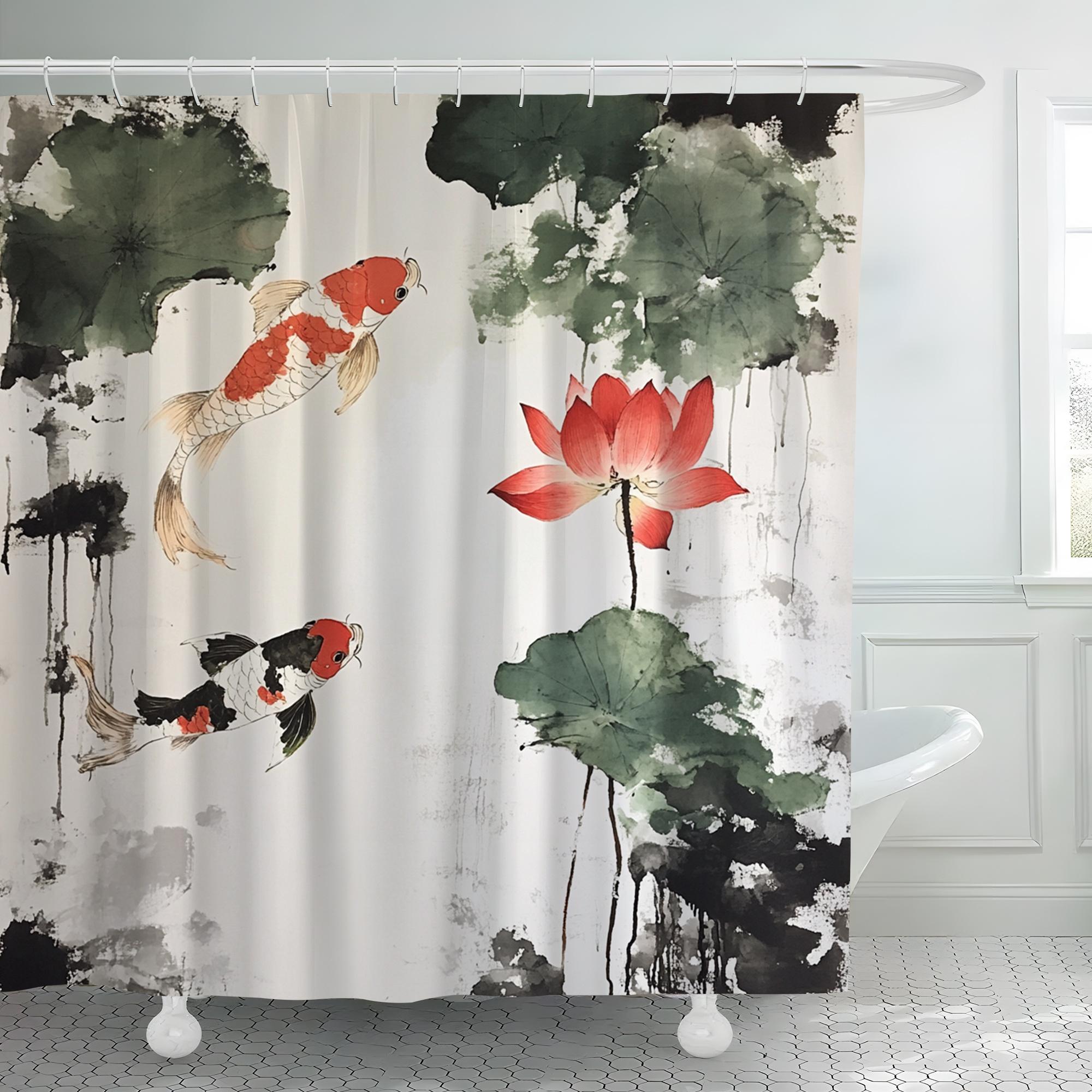 

1Pcs Exquisite Ink Pool Goldfish Digital Print Shower Curtain, Polyester Material With Hook, Machine Washable, Woven, Bathroom W60H190(CM)-1 Pcs
