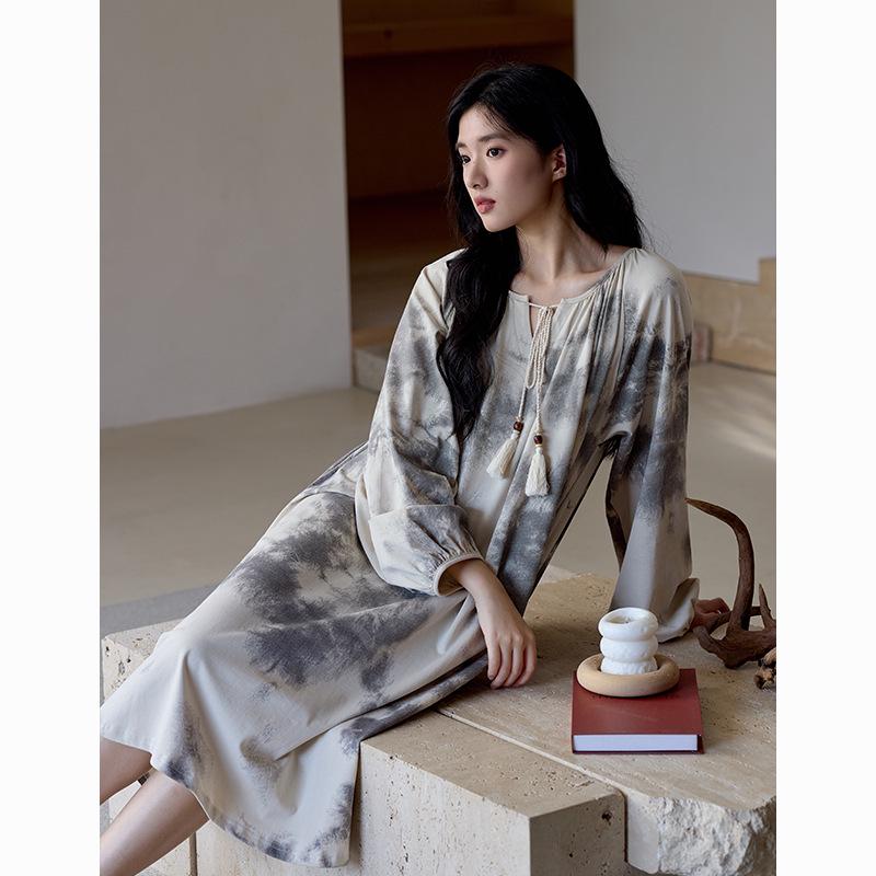 Women's Antibacterial Rayon Cotton Nightgown - Autumn Wabi-sabi Style, Pure Cotton, Long Sleeve, Mid-length Homewear Pajamas