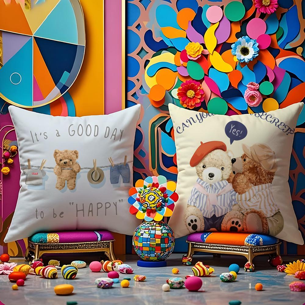Friendship Companionship Teddy Bear Pillow Case Anti-Dustmite Pillowcase Invisible Zipper Silky Short Plush Sofa Cushion Cover