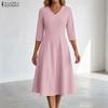 ZANZEA Abito casual a trapezio con vita sottile e mezza manica con scollo a V da donna