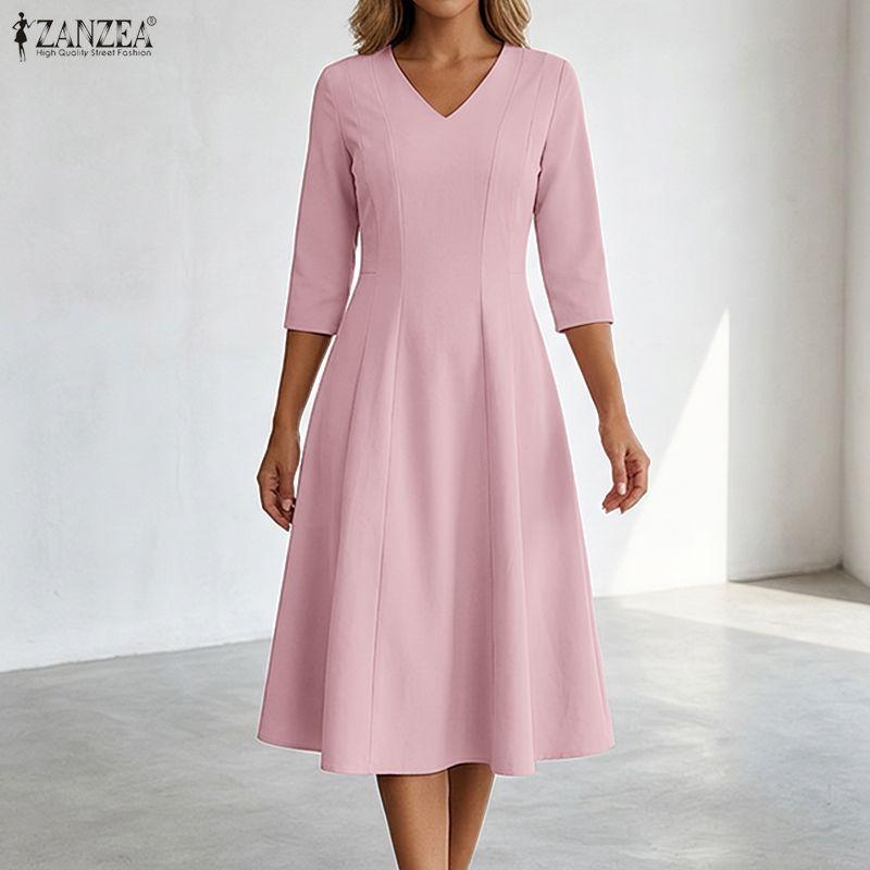 ZANZEA Abito casual a trapezio con vita sottile e mezza manica con scollo a V da donna