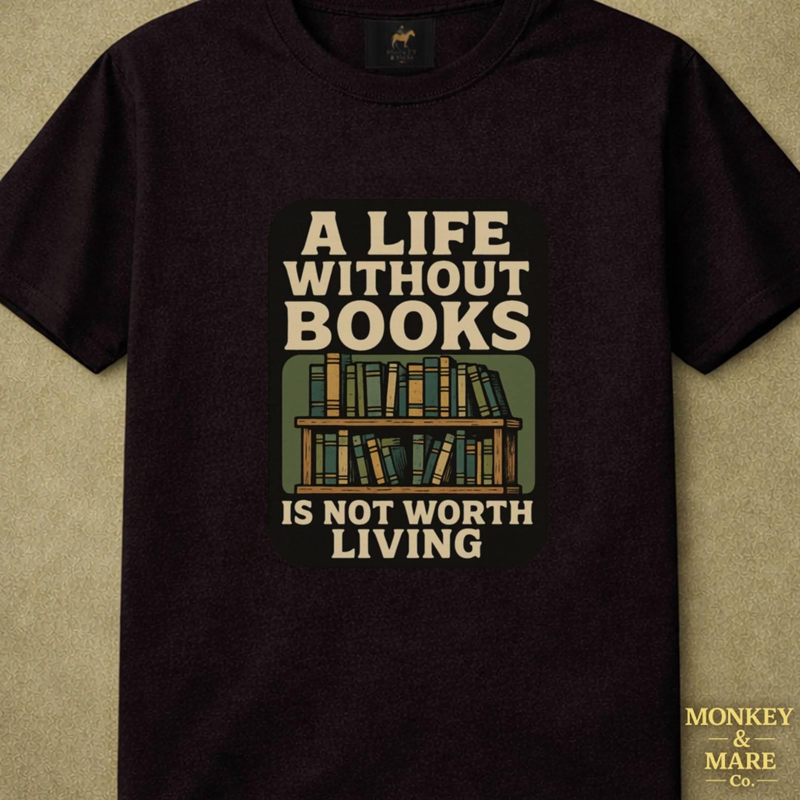 Whimsical Bookshelf Shirt, A Life Without Books Is Not Worth Living, Book Lover Reading Tee XL