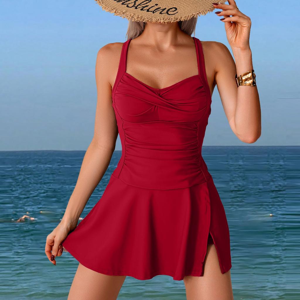 Women Sexy Swim Skirt Set Beach Tankini Pleated Two Piece Swimsuit Set Solid Color Beach Bottoms Shorts Sets Bathing Suits