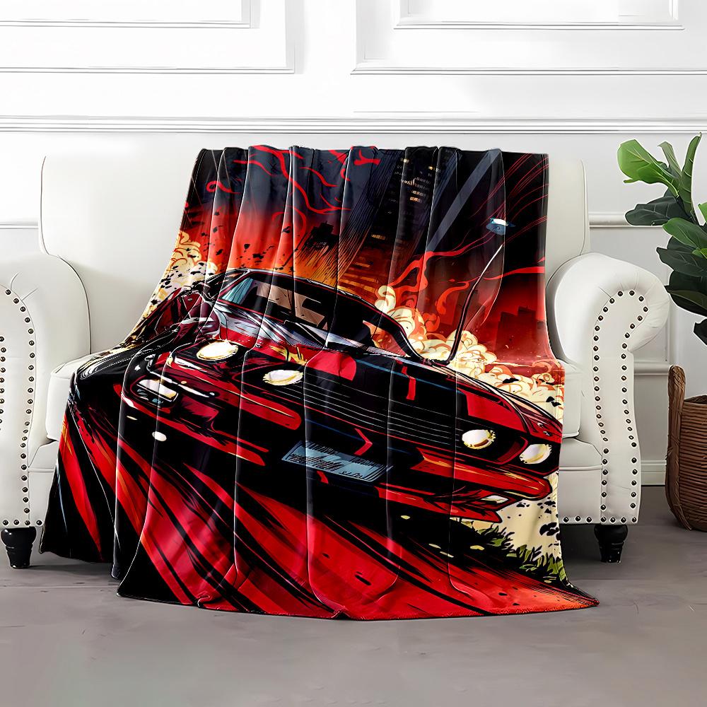 Red Sports Car & City Print Flannel Blanket – Cartoon Theme, All-Season Cozy Throw – Perfect Gift for Home & Office