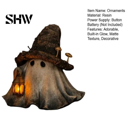 Handgefertigte Harz-Schreibtischdekoration Halloween Geist Zaubererhut Figur mit LED-beleuchteter Laterne, Vintage Dekorative Hexenstatue für Herbst-Tischplatte Kaminsims