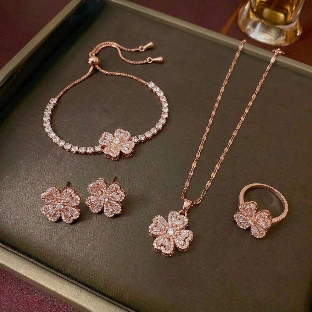 Women's Fashion Necklace & Bracelet Set: Flower Pendant, Diamond Bauhinia Earrings