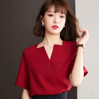 Red Short-sleeved Chiffon Shirt Women's Summer New Style Shirt Fashionable V-neck Top