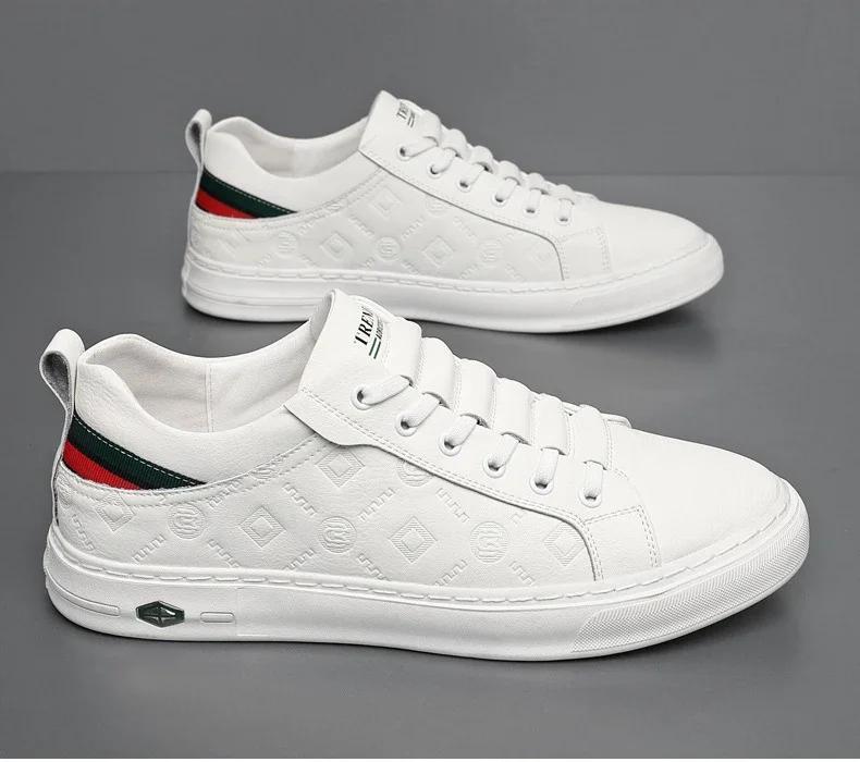 New Shoes for Men Genuine Leather Casual Shoes Street Trend White Flat Skateboard Shoes Man Cow Leather Lace-up Sneakers