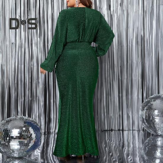 Abendkleid für Damen in Übergröße, V-Ausschnitt, lange Ärmel, hohe Taille, enges langes Kleid, einfarbig, glänzend, Fischschwanzkleid