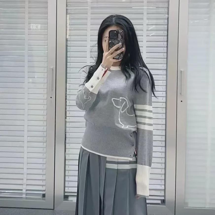 Classic Four-Bar Women's Puppy Jacquard Sweater - College Style, Long-Sleeved, Round Neck, Warm Bottoming Shirt