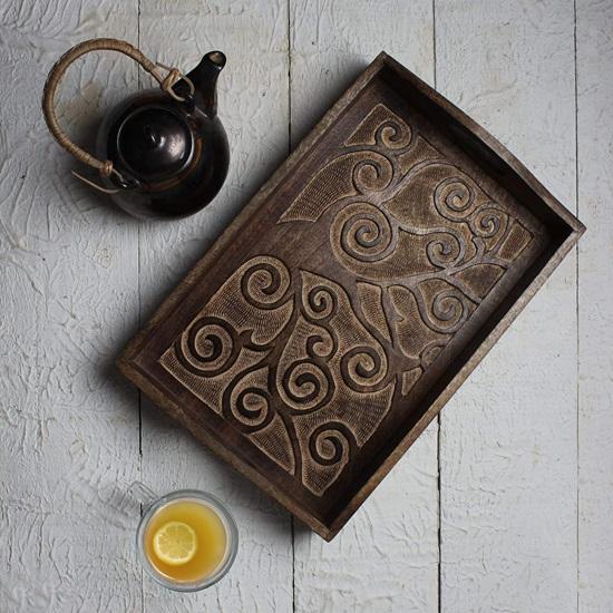 Tree of Life Carved Wooden Breakfast Tray with Handle for Tea Snack Dessert Kitchen Dining Tableware Accessories