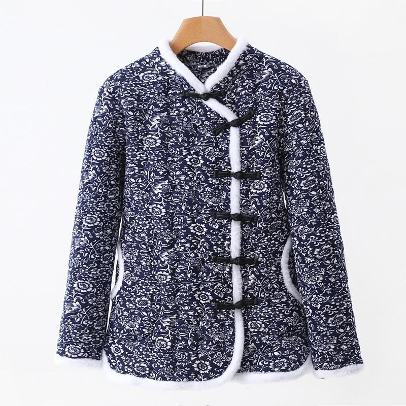 

2024 Женская хлопковая куртка с цветочным принтом в китайском стиле: Плотная модель на пуговицах для осени и зимы 6XL (135–150 jin)