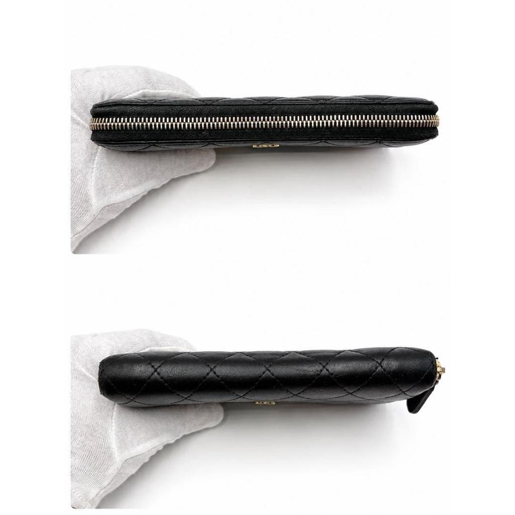 Used CHANEL Matelass Long Wallet, Round Zipper, Black, Lambskin