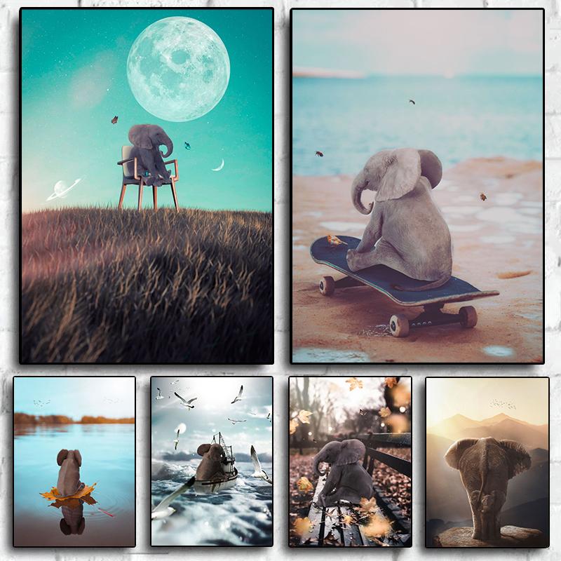 

Забавный слон, сюрреалистический постер с дикой природой, картина с милыми животными, скейтборд, фреска для гостиной, дома