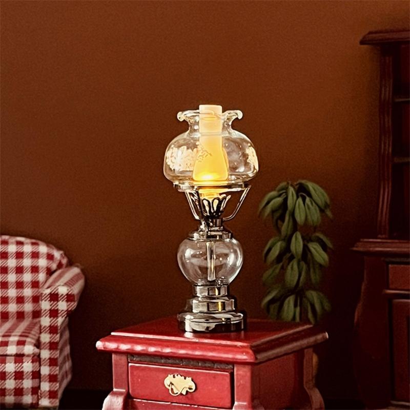 Kerosene Bedroom Table Lamp Miniature Furniture Model Doll Houses Accessory Realistic Lighting Toy Playset 1:12