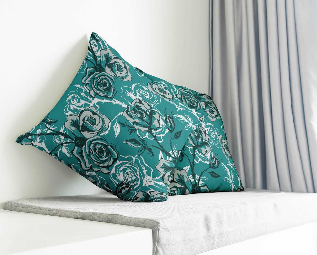 Vargottam Square Pillow Cover - Decorative Pillow Covers 12x12 Inches, Printed Teal Blue Theme Pillowcase,