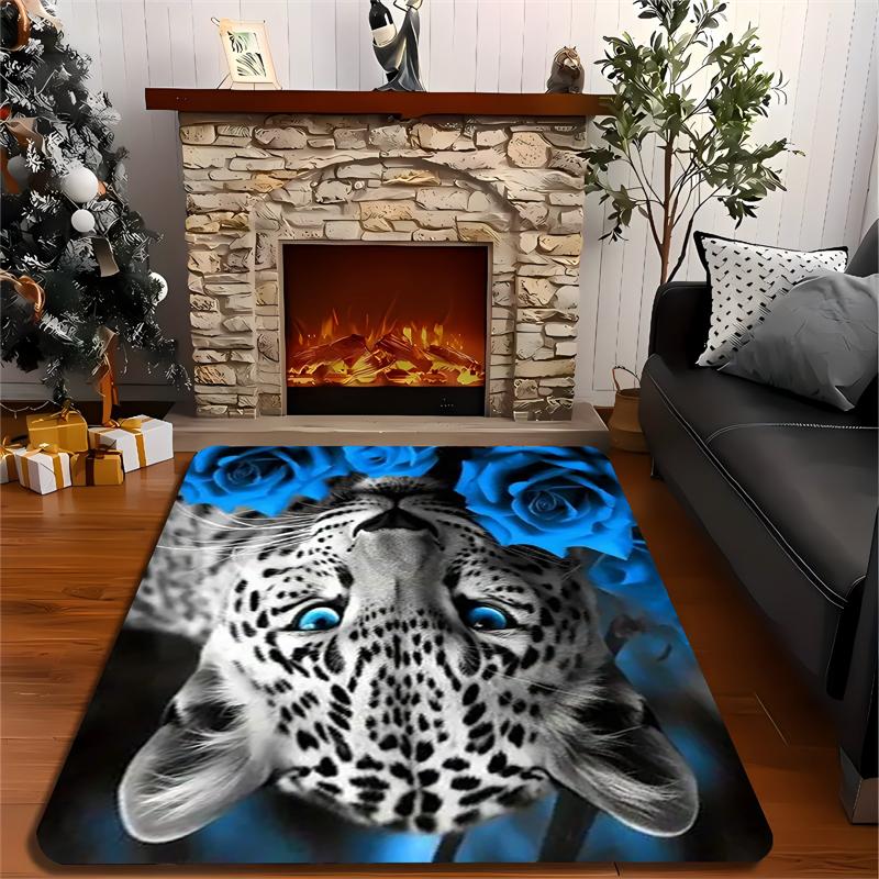 

Snow Leopard Rug with Blue Roses - Premium Flannel Area Mat Living Room, Bedroom, Office - Indoor/Outdoor Non-Slip Carpet 50x80cm