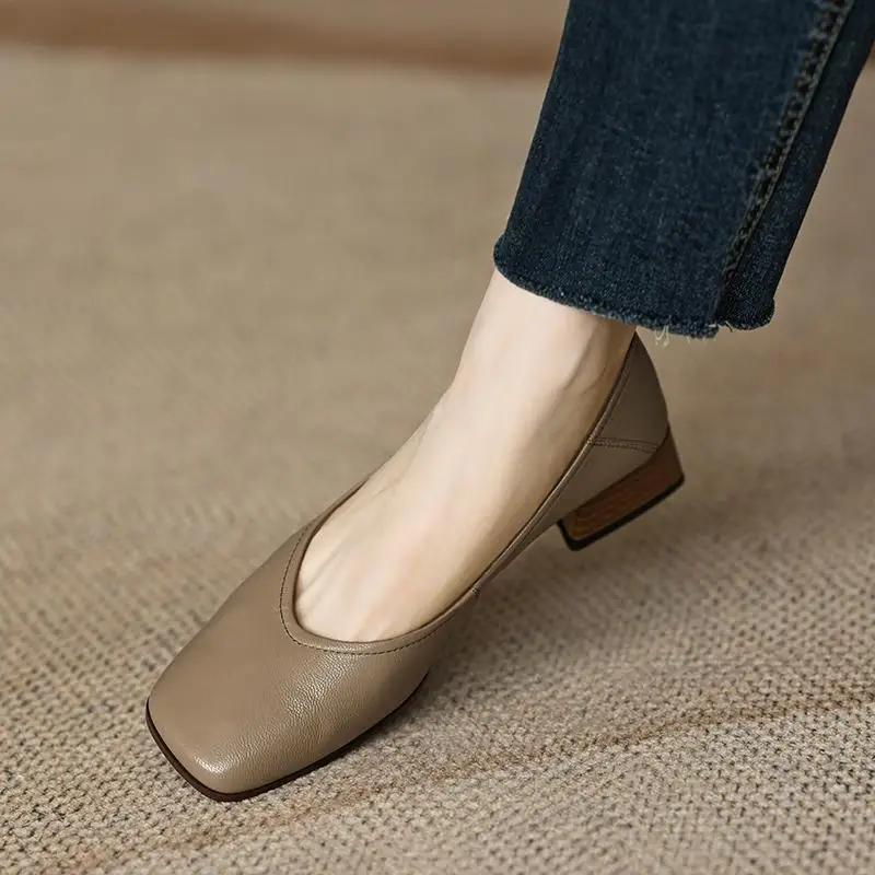 Shallow Women Low Heels Shoes New Brand Trend Elegant Square Toe Pumps Chunky Leather Mature Office Dress Zapatillas Mujer